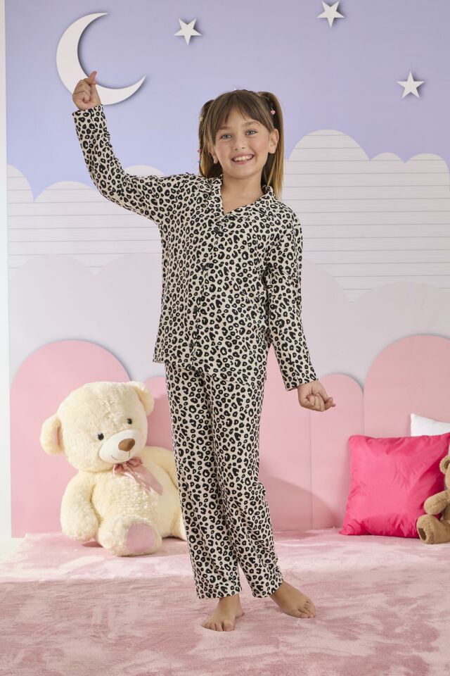 Kız Çocuk Süet Düğmeli Pijama Takımı 3273