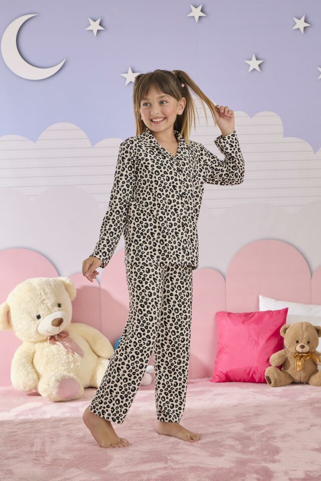 Kız Çocuk Süet Düğmeli Pijama Takımı 3273