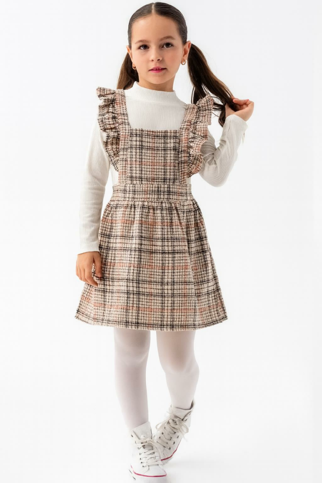 Kız Çocuk Ekose Askılı Elbise Takım – Fırfır Detaylı & Uzun Kollu Bluz-1570-V