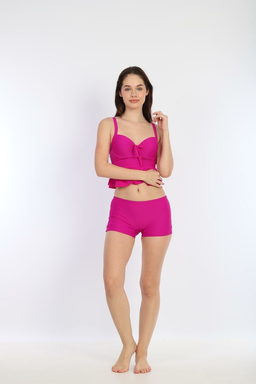 Kadın İnce Askılı Boş Kaplı Şortlu Tankini Bikini Fuşya 7276