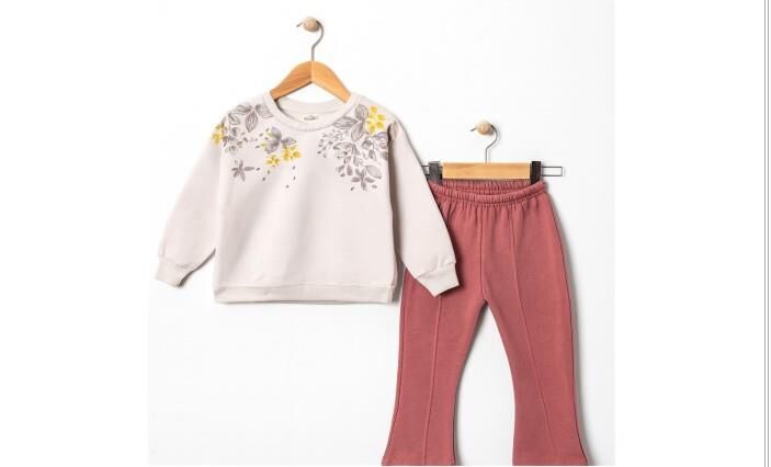 3 İplik Şardonlu Çiçek Desenli Sweatshirt ve  Eşofman Altı Takım 10745GK