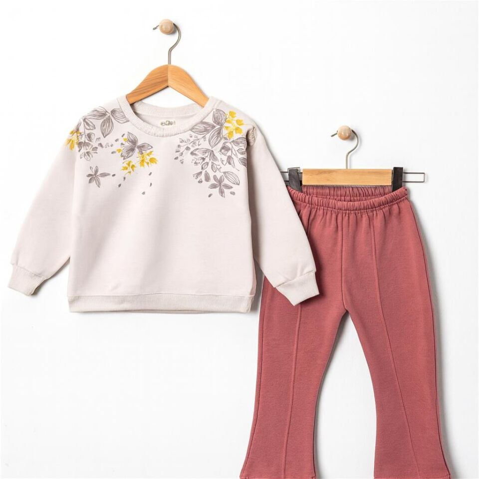 3 İplik Şardonlu Çiçek Desenli Sweatshirt ve  Eşofman Altı Takım 10745GK