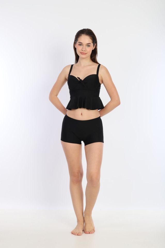 Kadın İnce Askılı Boş Kaplı Şortlu Tankini Bikini  7276 SİYAH
