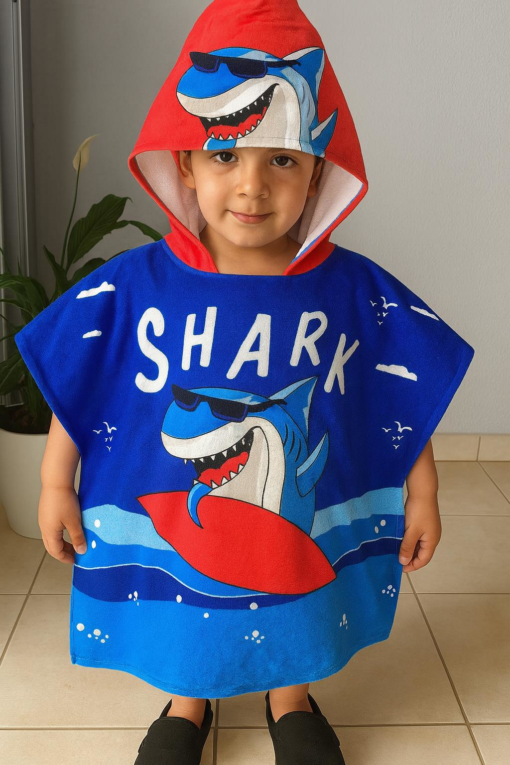 Çocuk Shark  Kapüşonlu Ponço Plaj Havlusu-0030-t