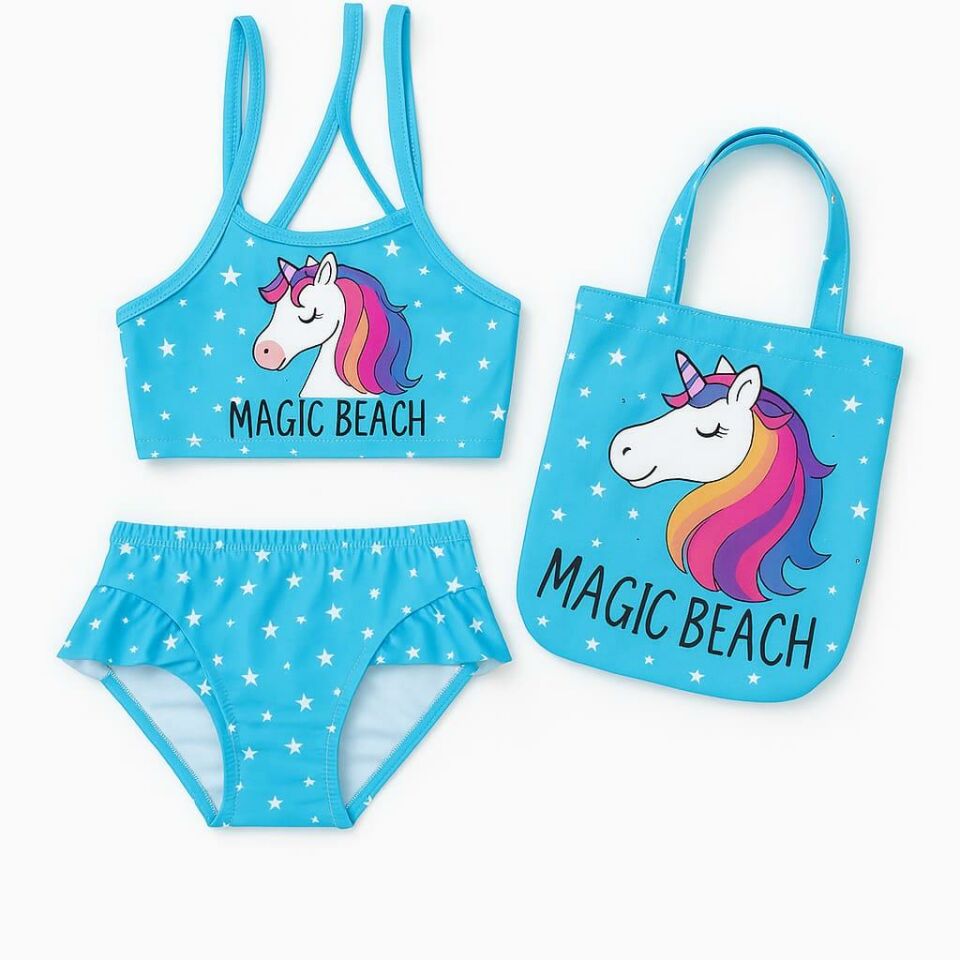 Kız Çocuk Unicorn Desenli 3’lü Mayo ve Plaj Çanta Takımı – Mavi-5557