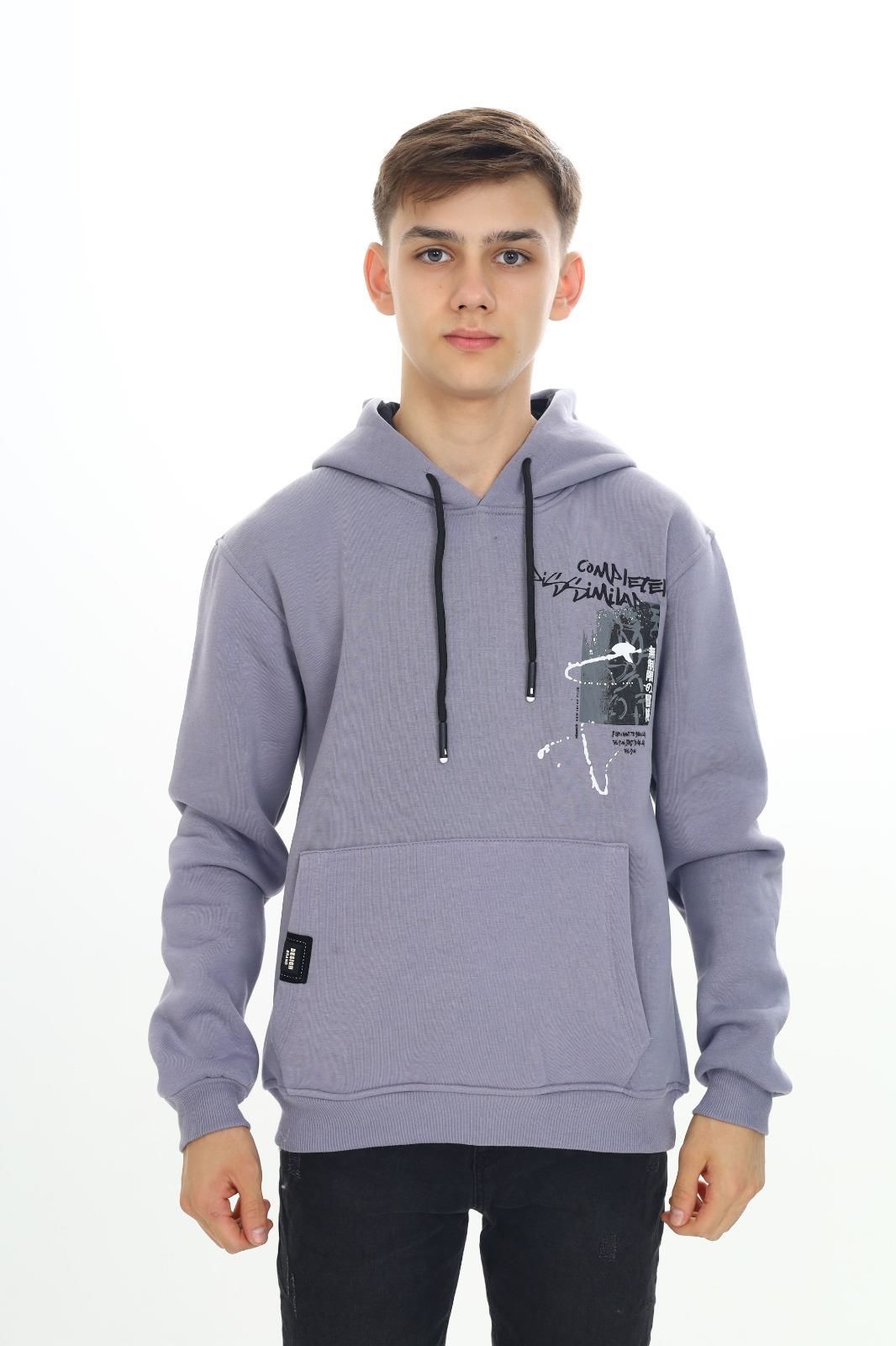 Erkek Çocuk Garson 10-14 YAŞ  Kapüşonlu 3 iplik Şardonlu Sweat Kazak 10045 GRİ