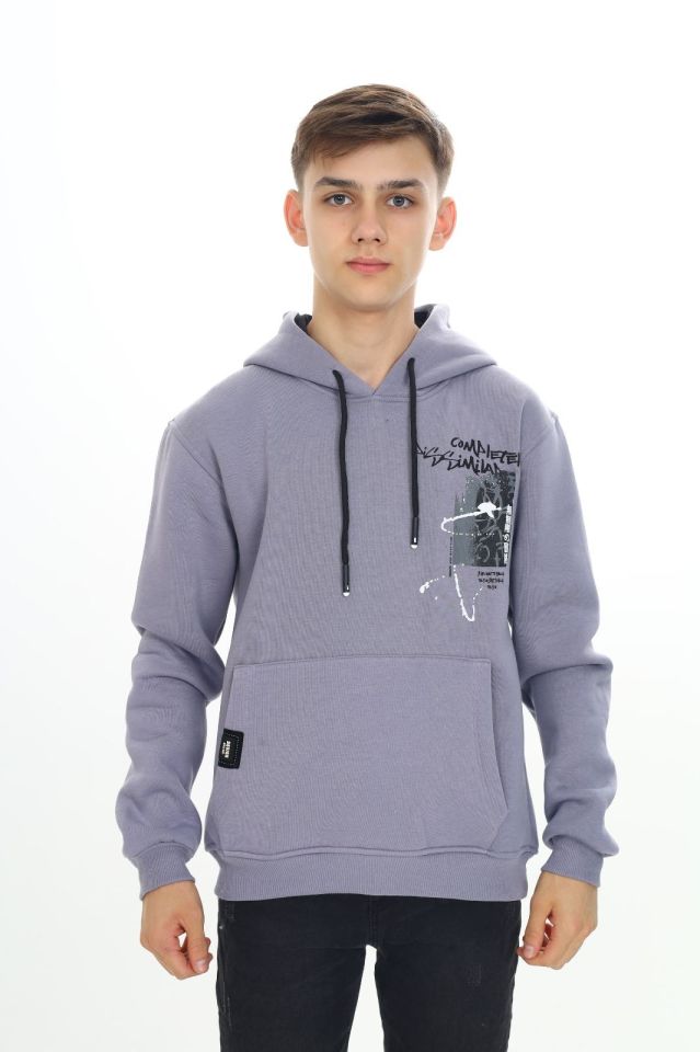 Erkek Çocuk Garson 10-14 YAŞ  Kapüşonlu 3 iplik Şardonlu Sweat Kazak 10045 GRİ