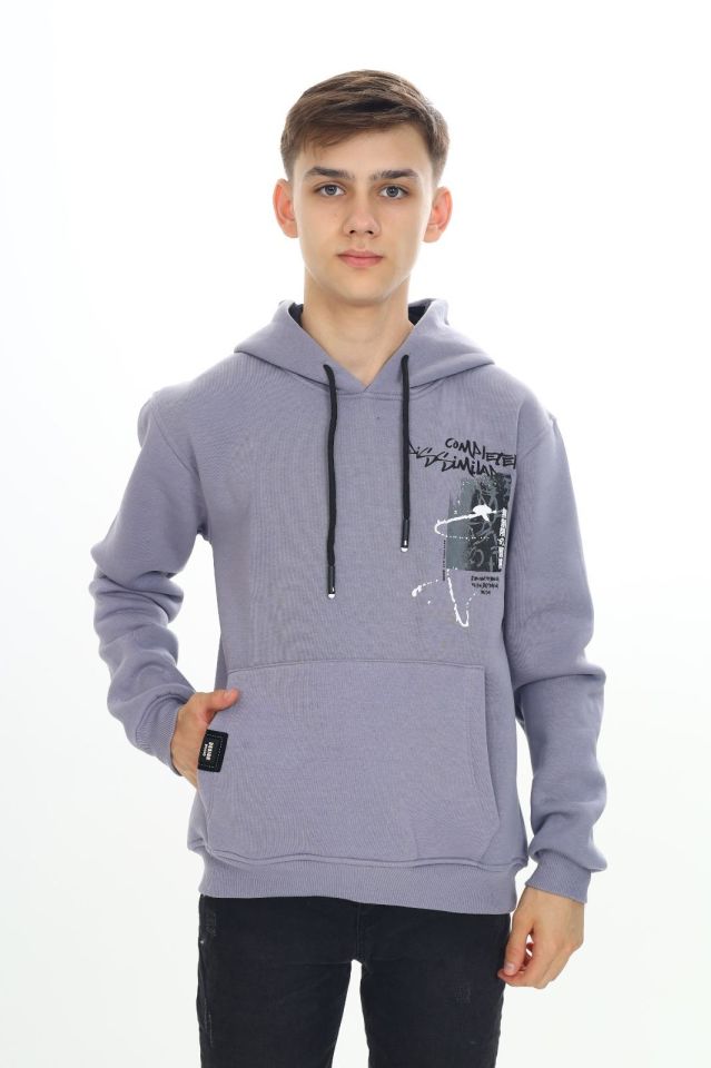Erkek Çocuk Garson 10-14 YAŞ  Kapüşonlu 3 iplik Şardonlu Sweat Kazak 10045 GRİ