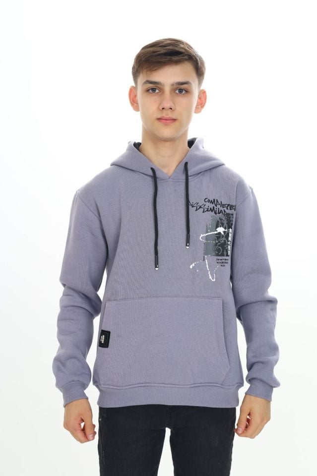 Erkek Çocuk Garson 10-14 YAŞ  Kapüşonlu 3 iplik Şardonlu Sweat Kazak 10045 GRİ