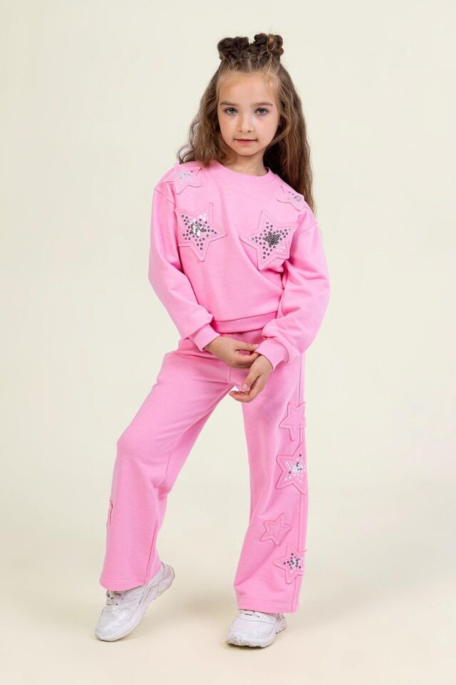 Kız Çocuk Yıldız Pul  İşlemeli 2’li Takım – Pembe Sweatshirt & Alt Eşofman-9841