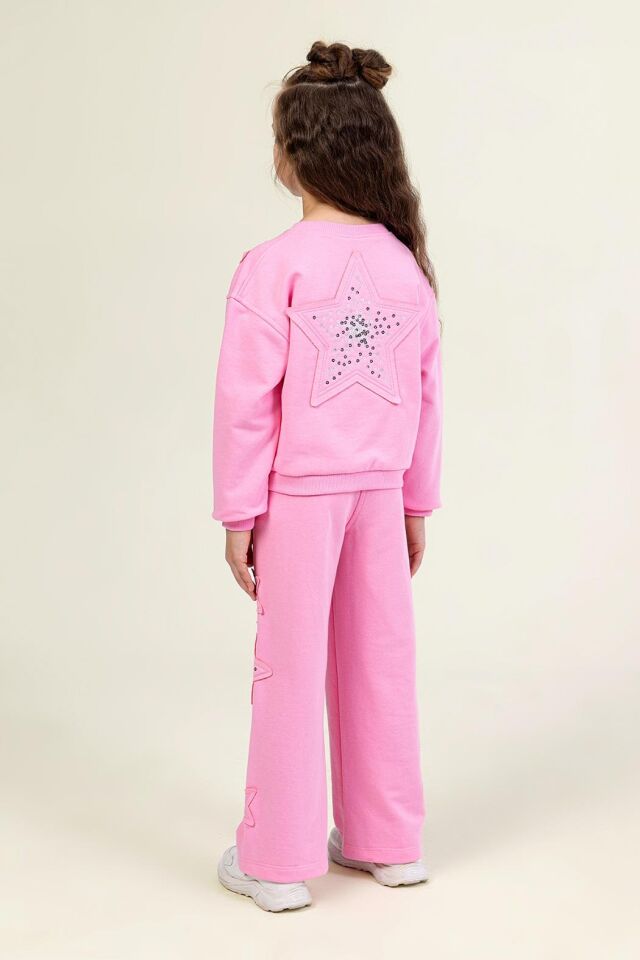 Kız Çocuk Yıldız Pul  İşlemeli 2’li Takım – Pembe Sweatshirt & Alt Eşofman-9841