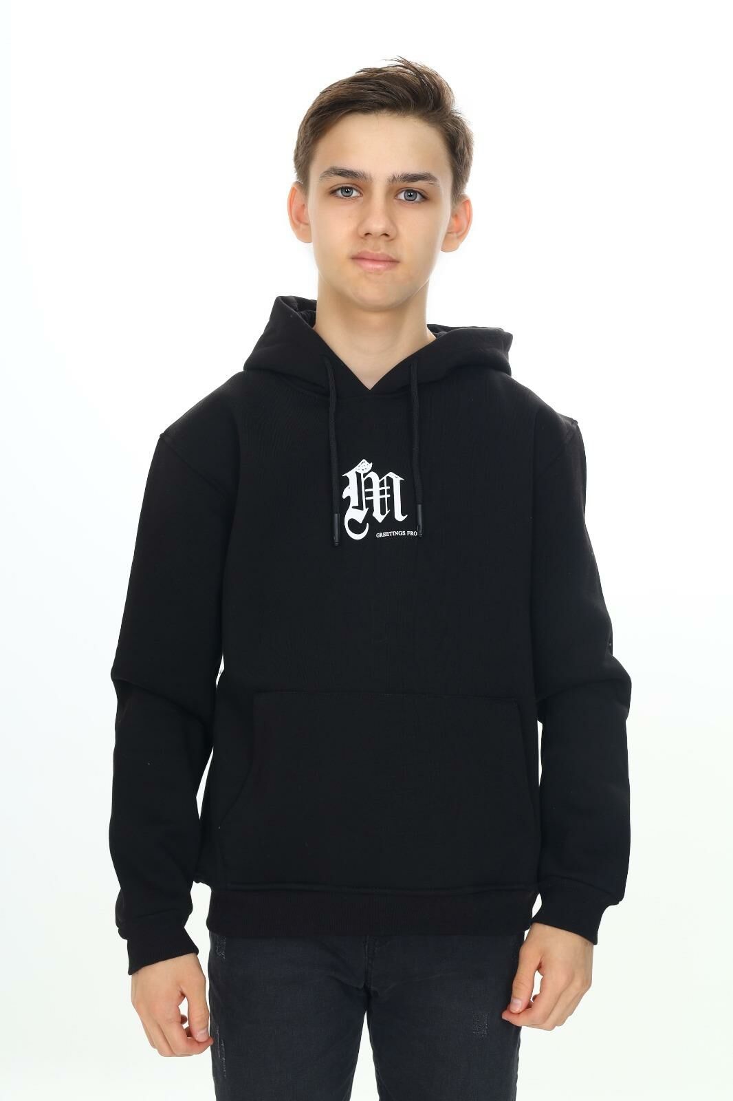 Erkek Çocuk Garson 10-14 YAŞ  Kapüşonlu 3 iplik Şardonlu Sweat Kazak 10044 SİYAH