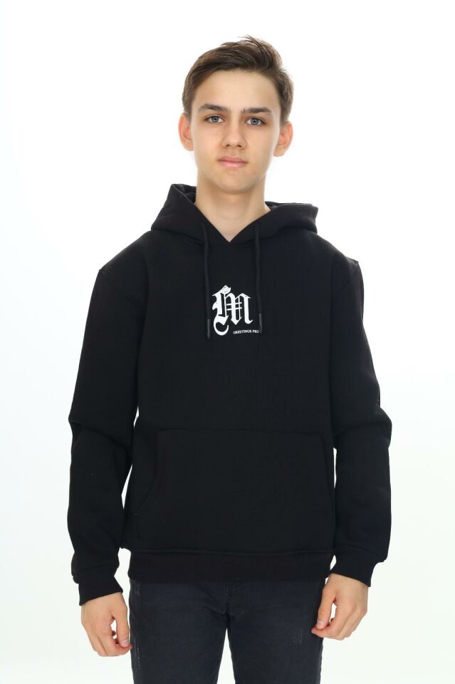 Erkek Çocuk Garson 10-14 YAŞ  Kapüşonlu 3 iplik Şardonlu Sweat Kazak 10044 SİYAH