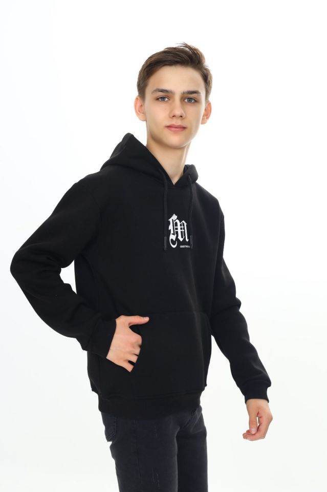 Erkek Çocuk Garson 10-14 YAŞ  Kapüşonlu 3 iplik Şardonlu Sweat Kazak 10044 SİYAH