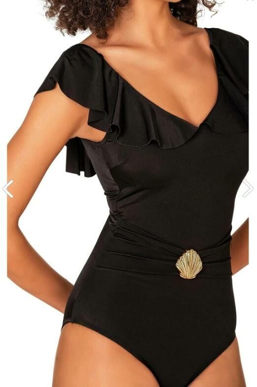 Endeep Kadın Deniz Kabuğu Aksesuarlı Toparlayıcı Volanlı Siyah Mayo 22312