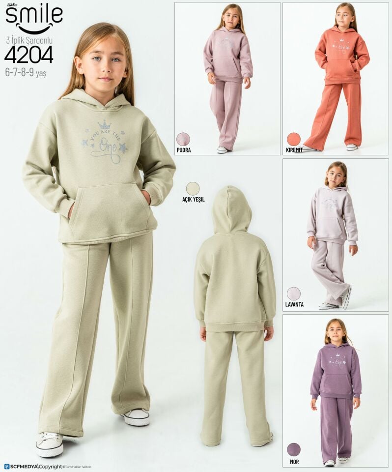 Kız Çocuk 3 İPLİK  Şardonlu Kapüşonlu Alt Üs Takım Eşofman Takımı 4204Y