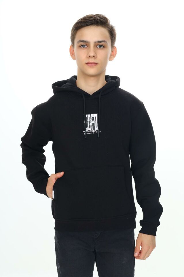 Erkek Çocuk Garson 10-14 YAŞ  Kapüşonlu 3 iplik Şardonlu Sweat Kazak 10043 SİYAH
