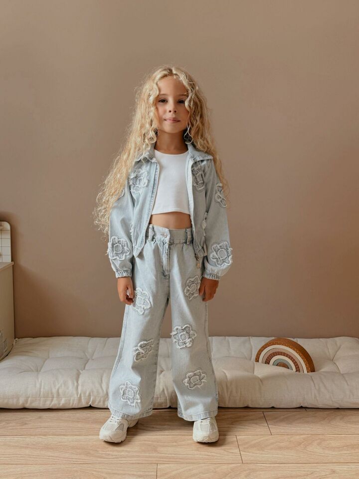 Kız Çocuk Çiçek Desenli Kot Ceket ve Pantolon Takımı – 2’li Denim Set 6002