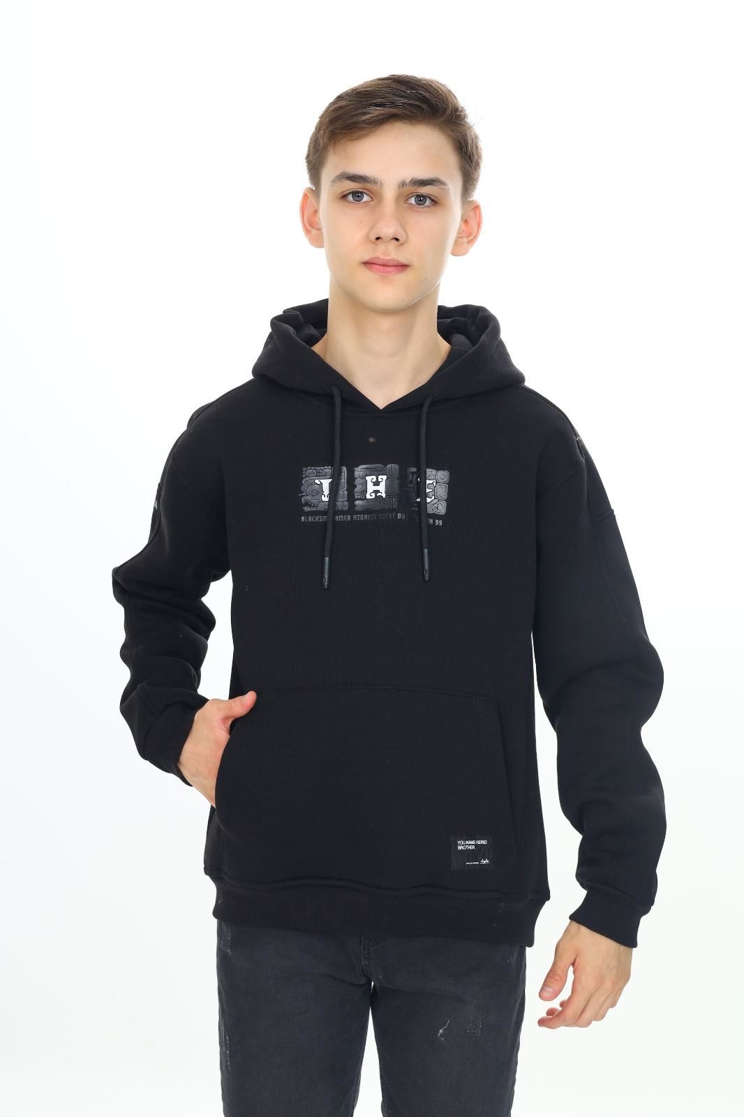 Erkek Çocuk Garson 10-14 YAŞ  Kapüşonlu 3 iplik Şardonlu Sweat Kazak 10039 SİYAH