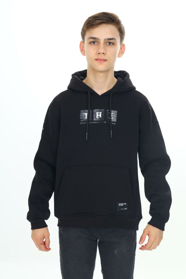 Erkek Çocuk Garson 10-14 YAŞ  Kapüşonlu 3 iplik Şardonlu Sweat Kazak 10039 SİYAH