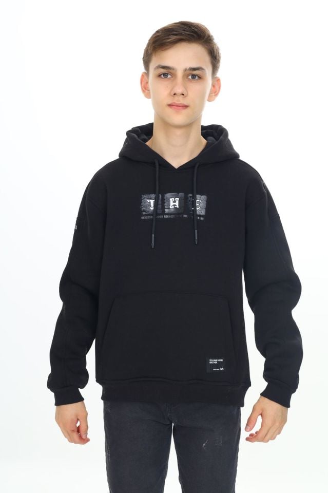 Erkek Çocuk Garson 10-14 YAŞ  Kapüşonlu 3 iplik Şardonlu Sweat Kazak 10039 SİYAH