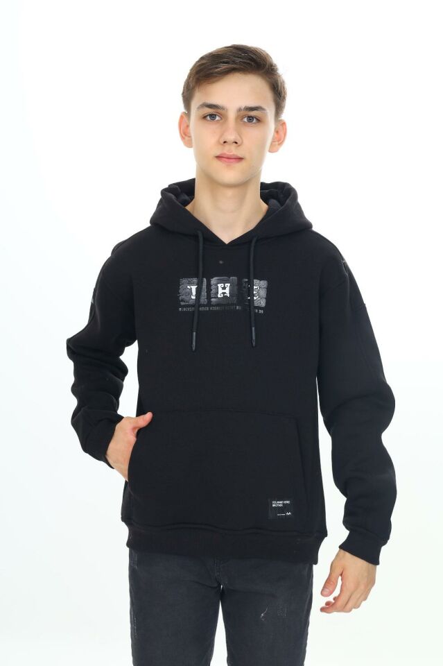 Erkek Çocuk Garson 10-14 YAŞ  Kapüşonlu 3 iplik Şardonlu Sweat Kazak 10039 SİYAH