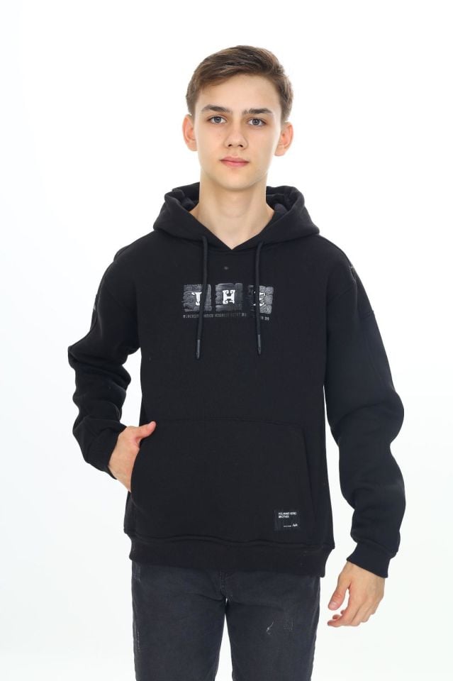 Erkek Çocuk Garson 10-14 YAŞ  Kapüşonlu 3 iplik Şardonlu Sweat Kazak 10039 SİYAH