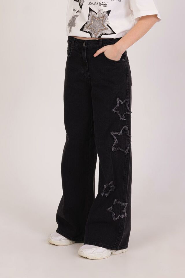 Yıldız Detaylı Pul İşleme Bol Paça Kız Denim Pantolon 9780