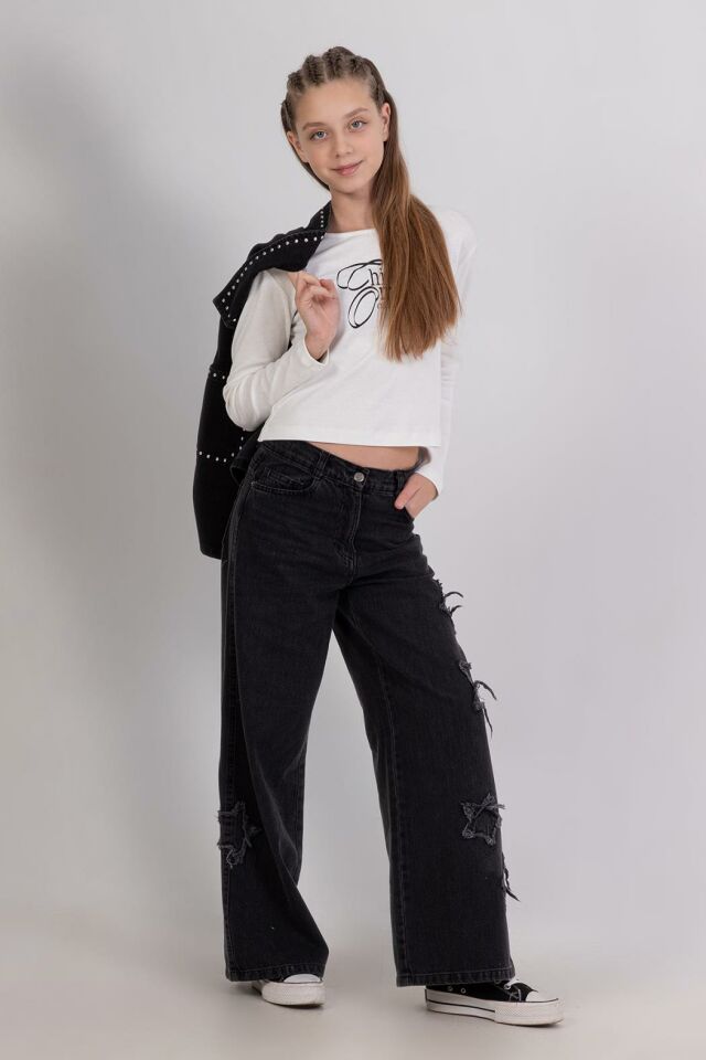 Yıldız Detaylı Pul İşleme Bol Paça Kız Denim Pantolon 9780