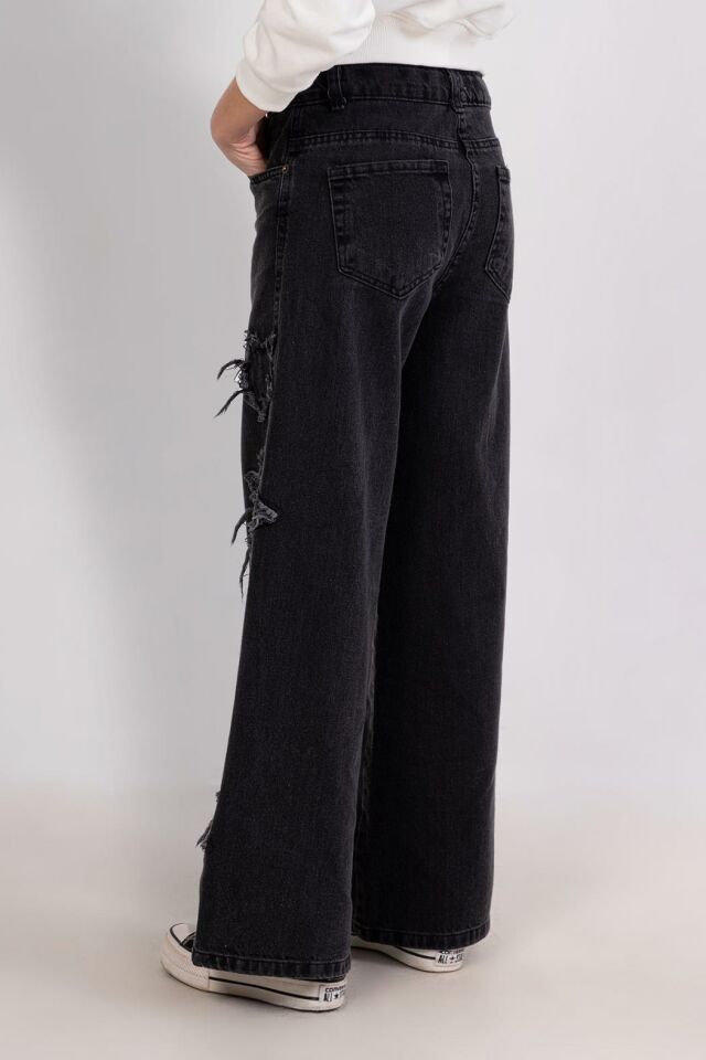 Yıldız Detaylı Pul İşleme Bol Paça Kız Denim Pantolon 9780