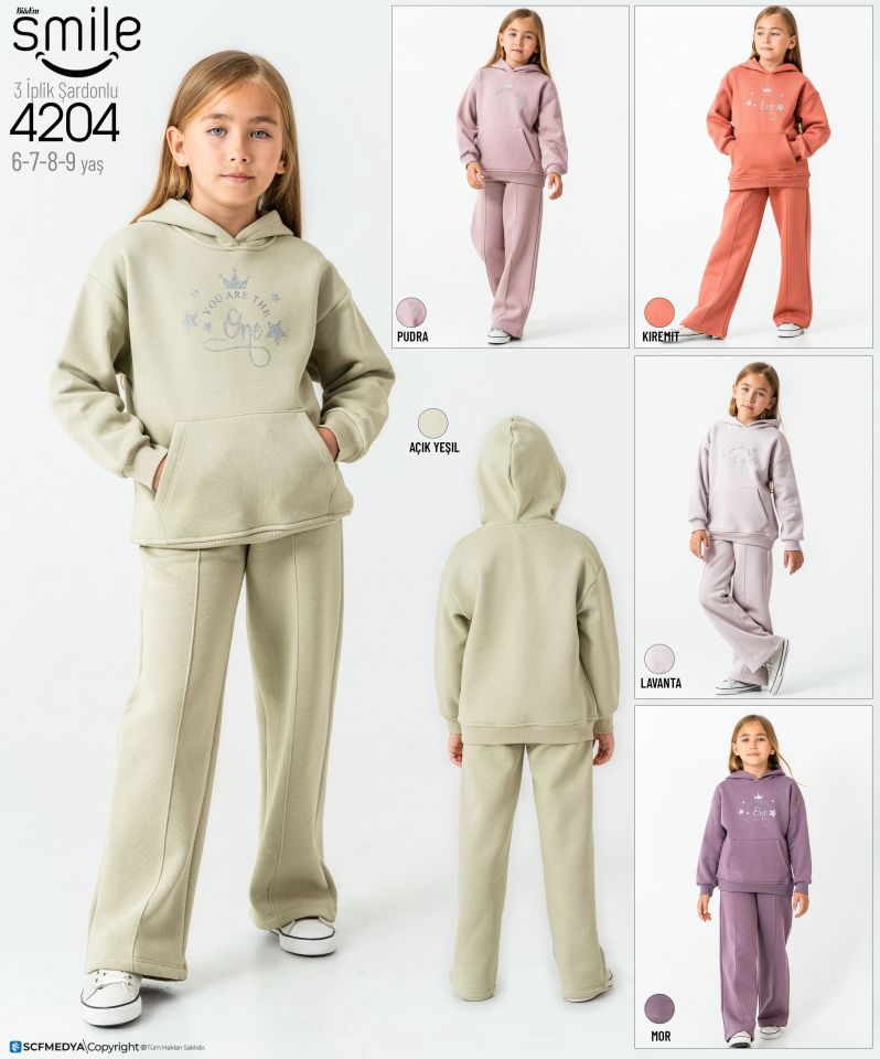 Kız Çocuk 3 İPLİK  Şardonlu Kapüşonlu Alt Üs Takım Eşofman Takımı 4204KR