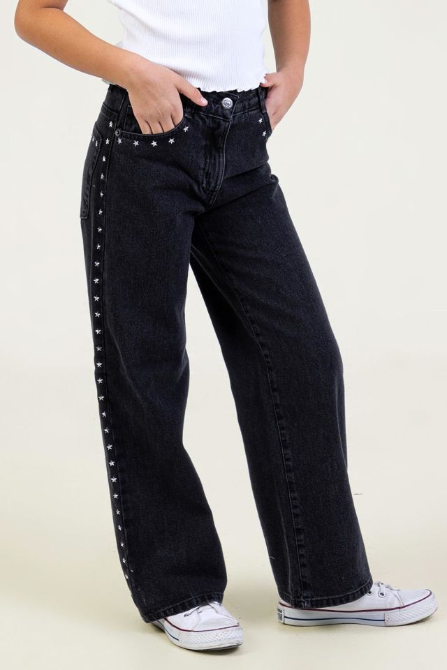 Yıldız Detaylı Kız Çocuk Geniş Paça Kot Pantolon Cepli  Jean 0579