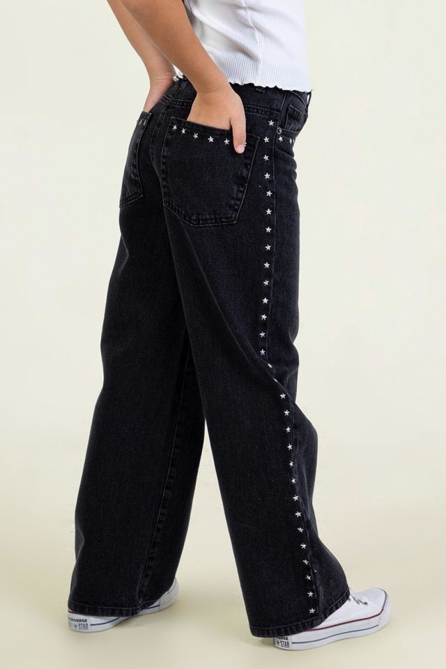 Yıldız Detaylı Kız Çocuk Geniş Paça Kot Pantolon Cepli  Jean 0579