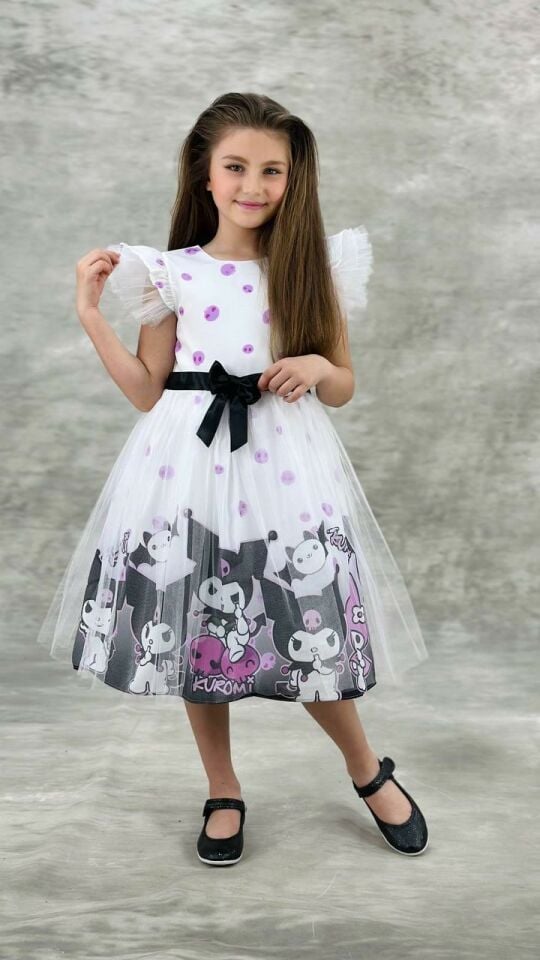 Kız Çocuk Tüllü Kuromi ve My Melody Desenli Tüllü Kız Çocuk Parti 2712BEYAZ