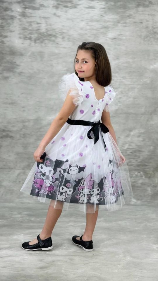 Kız Çocuk Tüllü Kuromi ve My Melody Desenli Tüllü Kız Çocuk Parti 2712BEYAZ
