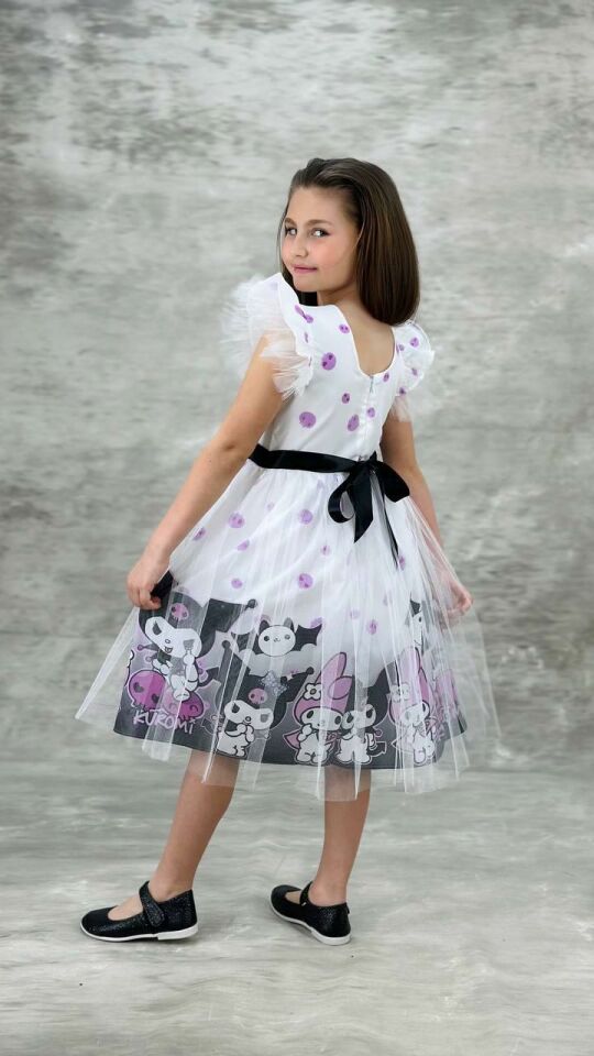 Kız Çocuk Tüllü Kuromi ve My Melody Desenli Tüllü Kız Çocuk Parti 2712BEYAZ