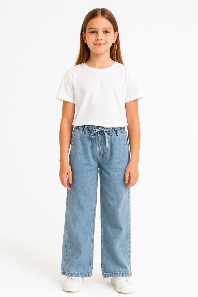 Beli Lastikli Geniş Paça Wide Leg Fit Kot Kız Çocuk Pantolon 2992