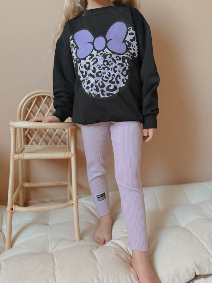 Kız Çocuk Leopar Desen Fitilli Taytlı Kız Çocuk Takım 1631 LİLA