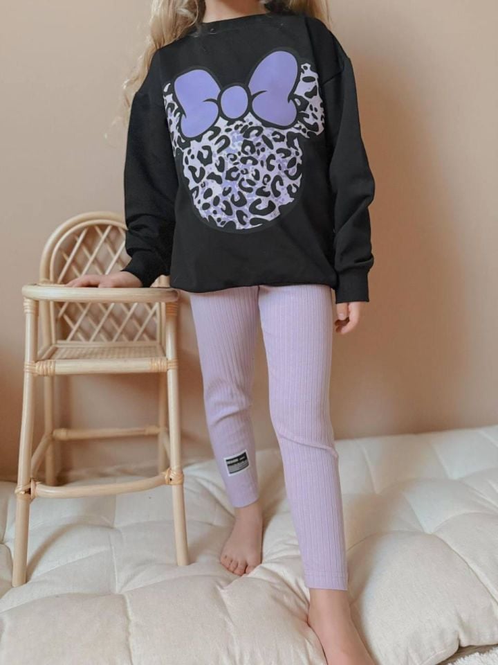 Kız Çocuk Leopar Desen Fitilli Taytlı Kız Çocuk Takım 1631 LİLA