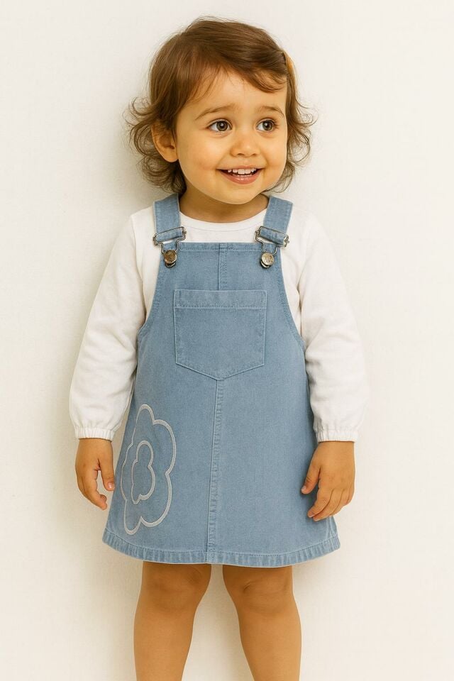 Kız Bebek Uzun Kollu Tişört ve Kot Elbise Takımı 0344 b