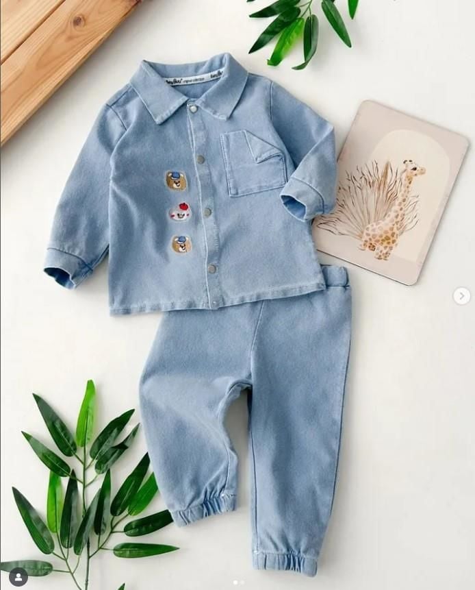 Erkek Bebek Nakışlı Gömlek ve Pantolon Takımı 0334-M