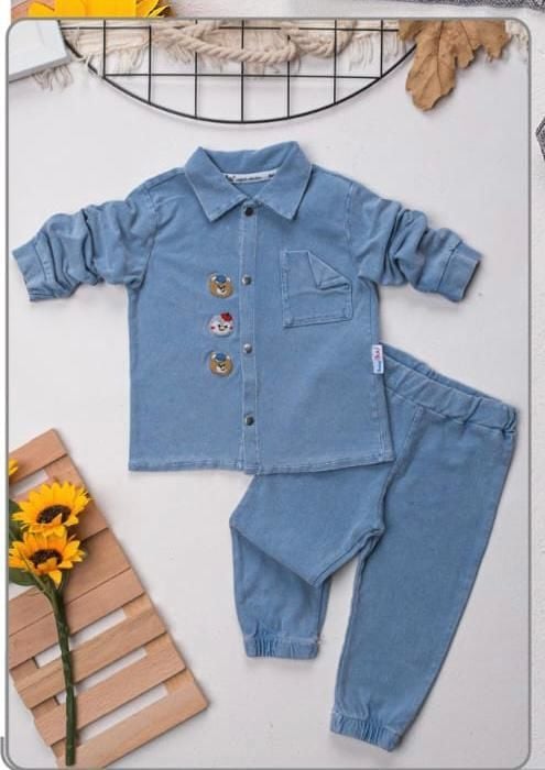 Erkek Bebek Nakışlı Gömlek ve Pantolon Takımı 0334-M