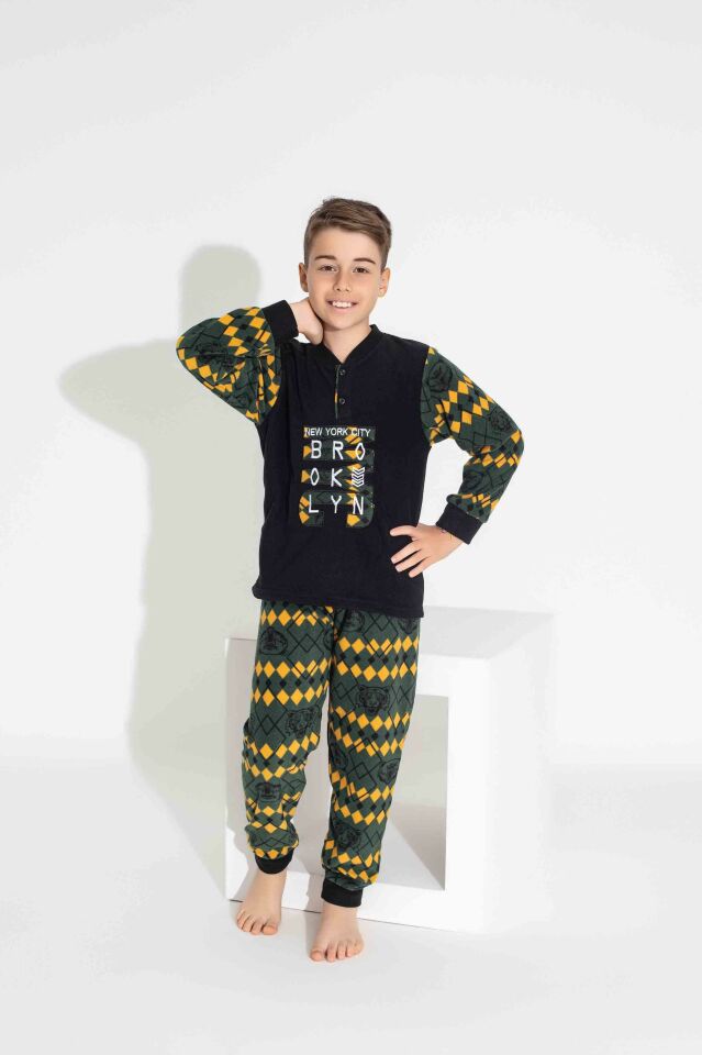 Erkek Genç Ve Çocuk Uzun Kollu Polar Kumaş Kışlık Sıcak Tutan Pijama Takımı 3739SK