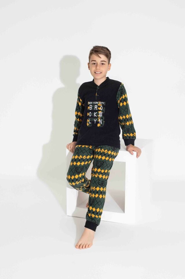 Erkek Genç Ve Çocuk Uzun Kollu Polar Kumaş Kışlık Sıcak Tutan Pijama Takımı 3739SK