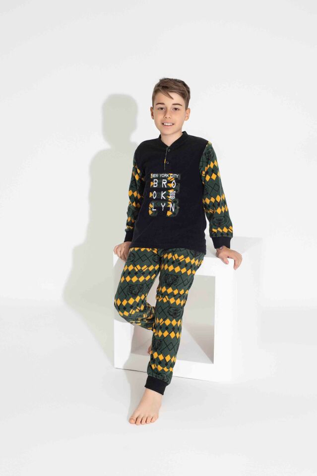 Erkek Genç Ve Çocuk Uzun Kollu Polar Kumaş Kışlık Sıcak Tutan Pijama Takımı 3739SK
