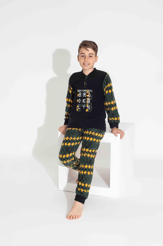 Erkek Genç Ve Çocuk Uzun Kollu Polar Kumaş Kışlık Sıcak Tutan Pijama Takımı 3739SK