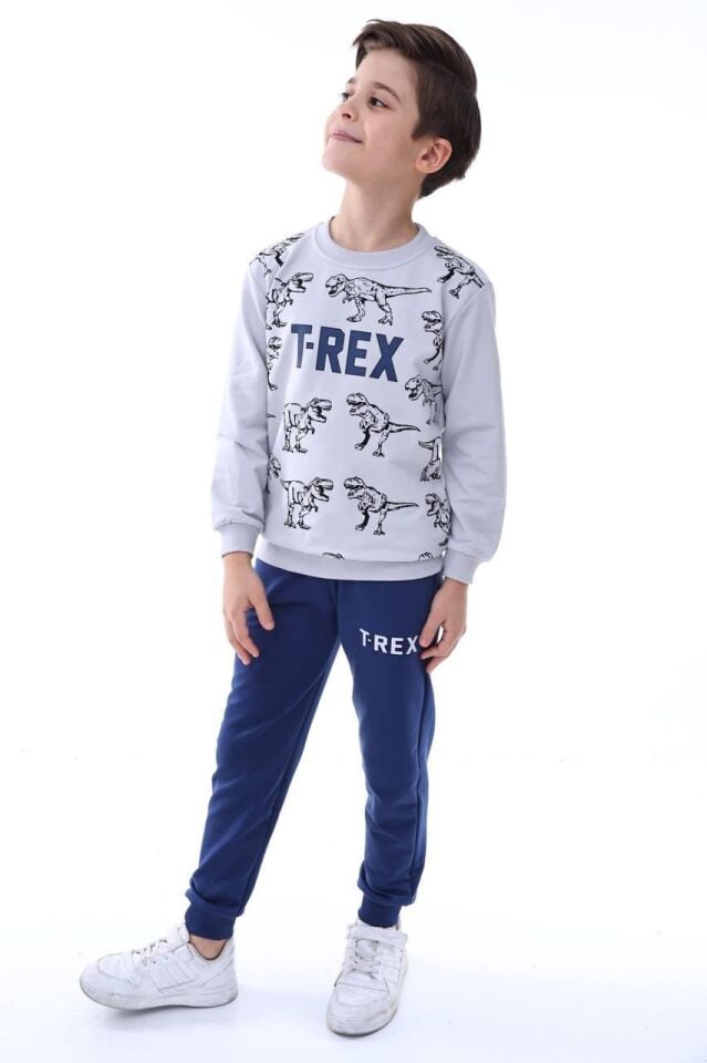 Erkek Çocuk 2 İPLİK MEVSİMLİK Uzun Kollu Dinazor Baskılı Alt Üst Takım 1312LA