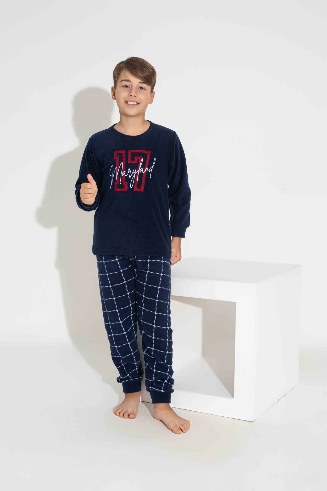Erkek Genç Ve Çocuk Ekose-kare Desenli Uzun Kollu Polar Peluş Kumaş Kışlık Sıcak Tutan Pijama Takım 3758LK