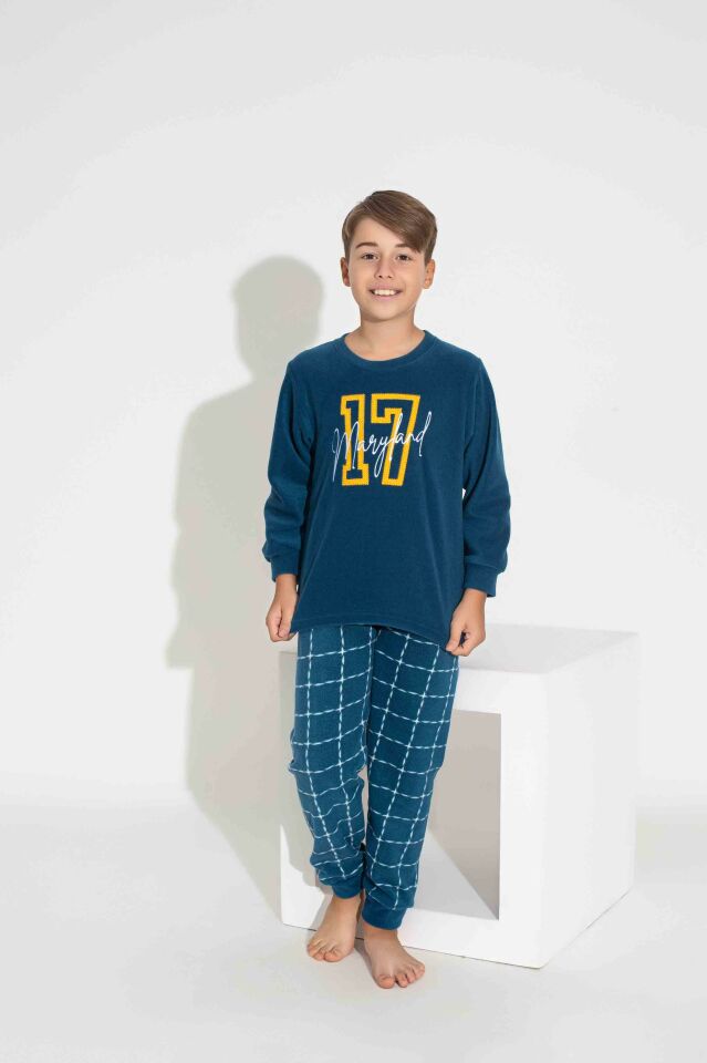 Erkek Genç Ve Çocuk Ekose-kare Desenli Uzun Kollu Polar Peluş Kumaş Kışlık Sıcak Tutan Pijama Takım 37588MK