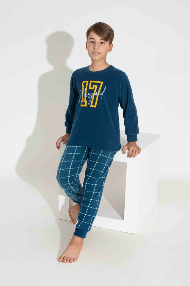 Erkek Genç Ve Çocuk Ekose-kare Desenli Uzun Kollu Polar Peluş Kumaş Kışlık Sıcak Tutan Pijama Takım 37588MK